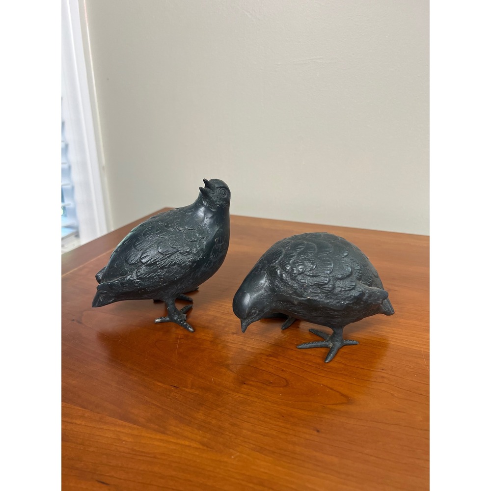 Vintage Cast Iron Quail Figurines Set of 2 Black Metal Bird Statues Japan Decor